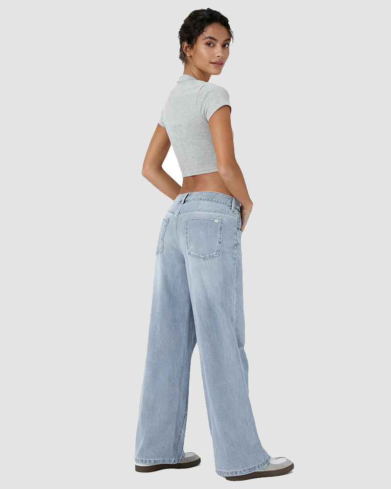 Asymmetric Low Rise Zipper Pockets Baggy Wide Leg Washed Casual Jeans