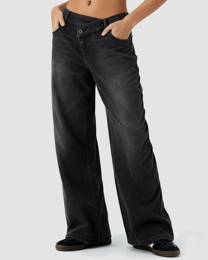 Asymmetric Low Rise Zipper Pockets Baggy Wide Leg Washed Casual Jeans