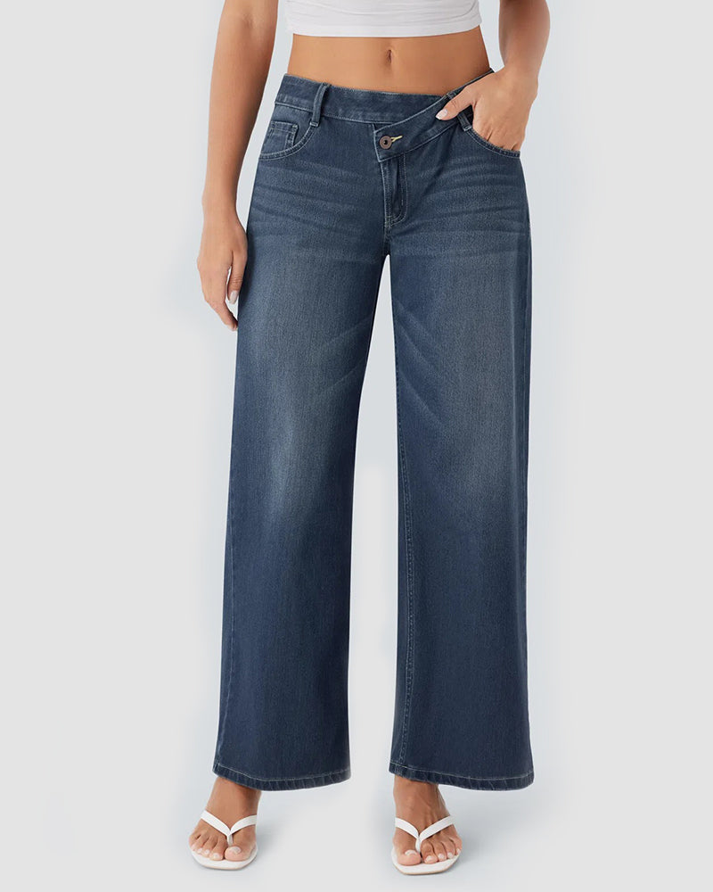 Asymmetric Low Rise Zipper Pockets Baggy Wide Leg Washed Casual Jeans