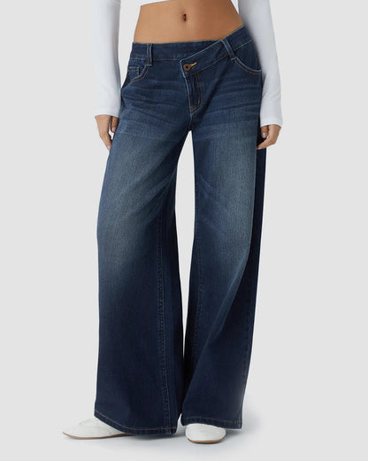 Asymmetric Low Rise Zipper Pockets Baggy Wide Leg Washed Casual Jeans