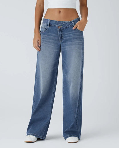 Asymmetric Low Rise Zipper Pockets Baggy Wide Leg Washed Casual Jeans
