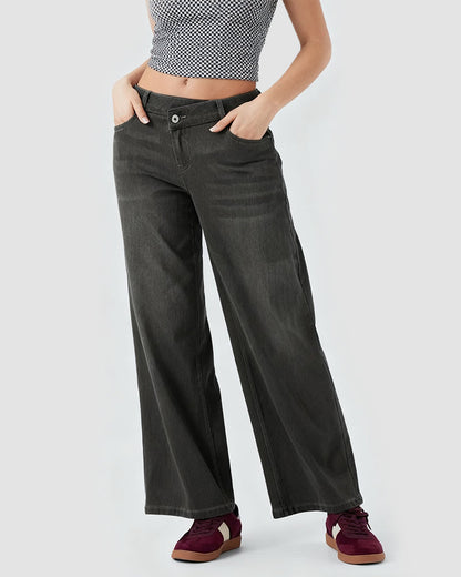 Asymmetric Low Rise Zipper Pockets Baggy Wide Leg Washed Casual Jeans